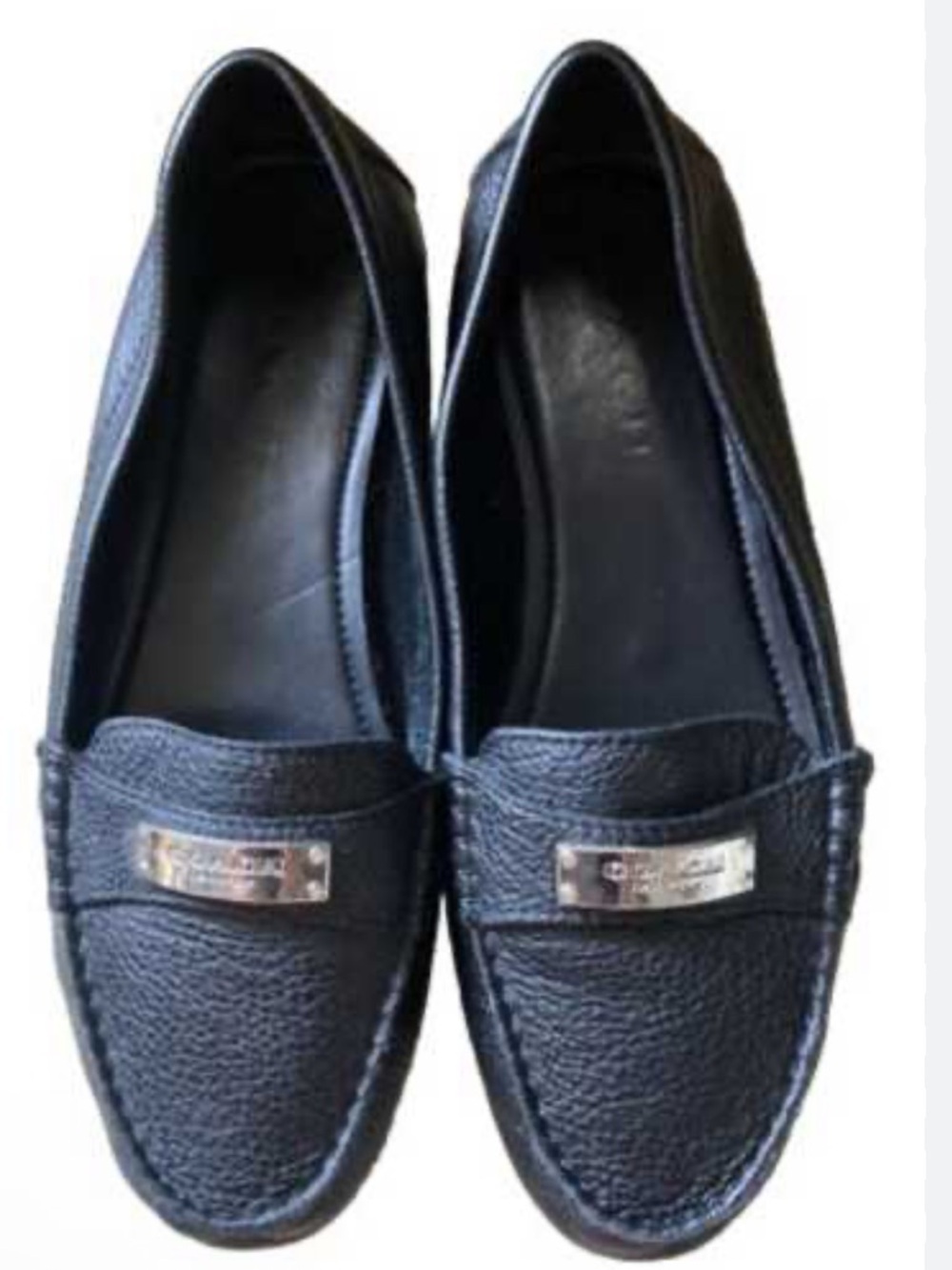 Coach minimalist Black Pebbled Leather Loafers with Silver Plaque